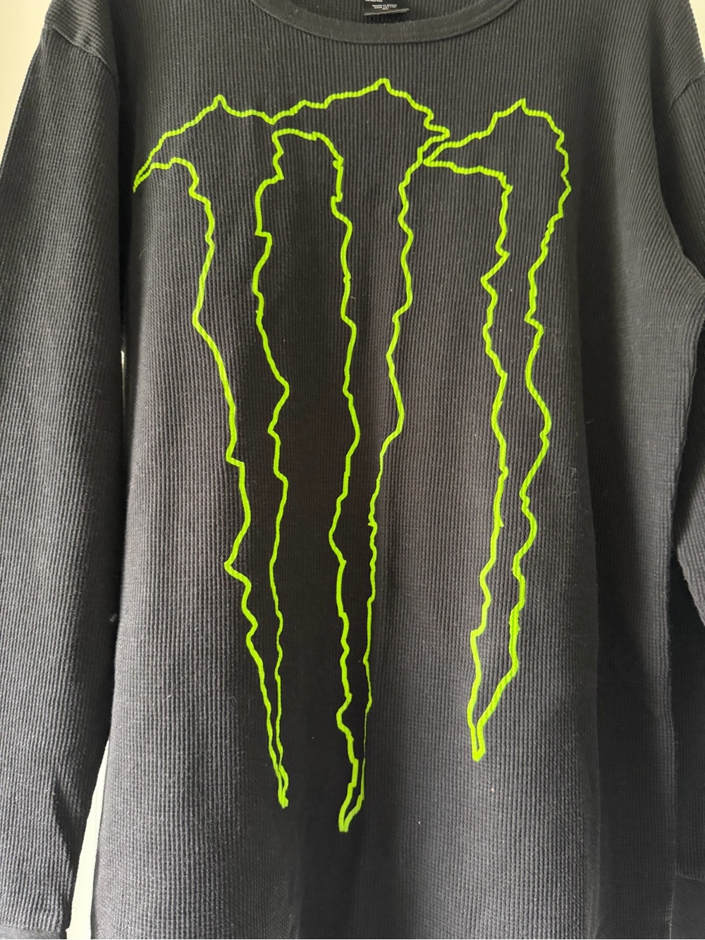 Monster Energy Black Long-Sleeve Thermal Shirt with Neon Green Logo - Picture 2 of 4